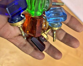 Set of 2 Victorian Cut Glass Brass Square Door Knobs, Crystal Style Handles