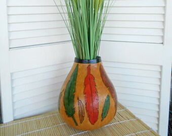 Floral Vases,Vases,Decorated Vases,New Home Gifts,Wedding Gifts,Birthday Gifts,Feather Art,Gourds,Hand Painted Gourds,Dried GourdsGourd Art