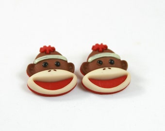 Sock monkey earrings, Sock earrings, Monkey studs, Brown monkey studs, Brown sock monkey gift