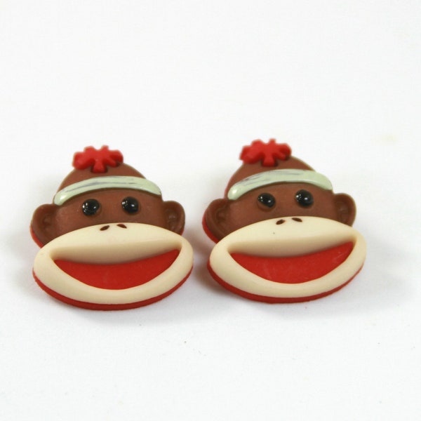 Sock monkey earrings, Sock earrings, Monkey studs, Brown monkey studs, Brown sock monkey gift