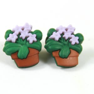 May include: Two small plastic flower pots with purple flowers and green leaves. The pots are brown.