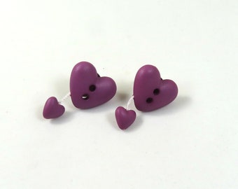 Pendientes del corazón, pernos del botón del corazón, joyería del corazón lindo, pendientes del corazón púrpura, pernos del corazón