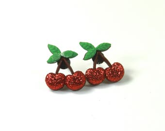 Cherries earring, Cherry stud earrings, Fruit earrings, Fruit studs, Red sparkly earrings, Gift for her, Cute earrings, Cherry earrings