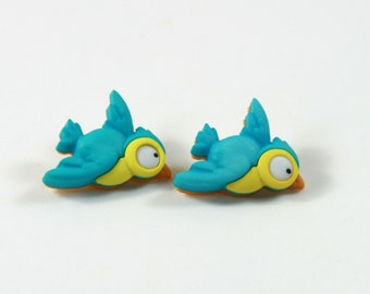 Birds earrings, Blue yellow birds studs, Spring earrings, Summer earrings