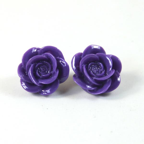 Flower earrings, Flower studs, Roses earrings, Roses studs, Roses jewelry, Purple roses earrings, Purple roses studs