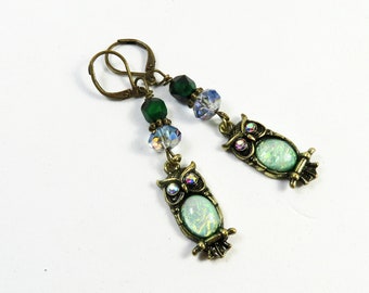 Owl earrings, dangle earrings, beautiful beaded earrings, handmade jewelry, owl jewelry