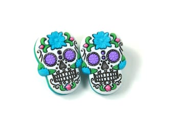 Boucles d'oreilles tête de mort en sucre, Boucles d'oreilles tête de mort, Boucles d'oreilles tête de mort bleues, Boucles d'oreilles tête de mort en sucre, Boucles d'oreilles Jour des morts, Boucles d'oreilles Jour des morts, Boucles d'oreilles Halloween