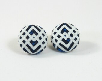 Chevron earrings, Chevron studs, Blue white chevron earrings, Fabric studs, Chevron fabric earrings, Fabric jewelry