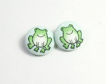 Frogs earrings, fabric earrings, green frog earrings