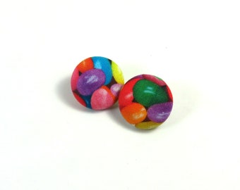 Jelly bean earrings, Jelly bean button studs, colorful jelly bean jewelry, beautiful earrings, fabric button studs, rainbow studs