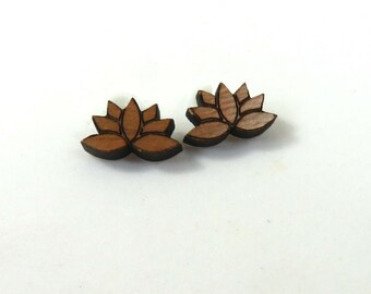 Lotus studs, Lotus earrings, Flower earrings, Wood lotus earrings, Lasercut studs, Laser cut earrings, Brown earrings