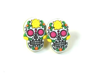 Sugar skull earrings, Skull studs, Sugar skull studs, Colorful skull earrings, Skull lovers gift, Halloween earrings, Yellow skull earrings