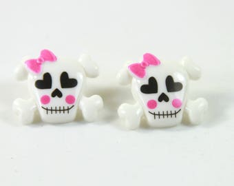 Sugar skull studs, Sugar skull earrings, Skull studs, Girly skull earrings, Skull studs