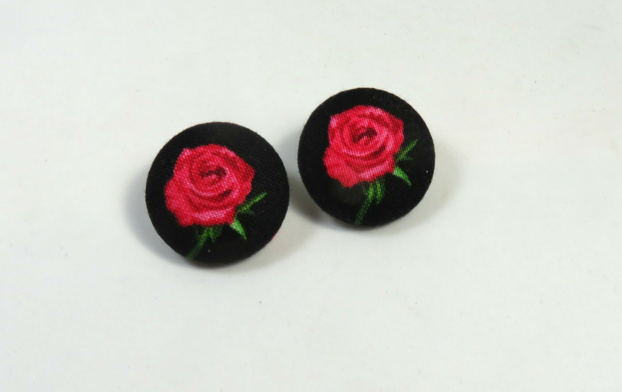 Roses Fabric Button Studs, Button Earrings, Button Jewelry, Fabric