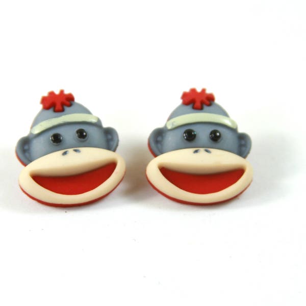 Sock monkey studs, Sock monkey earrings, Fun earrings, Monkey studs, Monkey jewelry, Monkey earrings