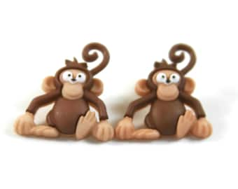 Monkey studs, Monkey earrings, Animal earrings, Animal studs, Brown monkey earrings, Monkey jewelry