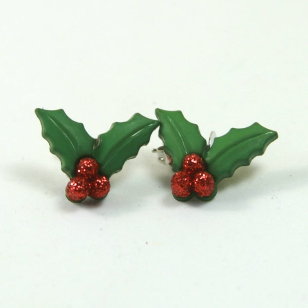 Holly leaves studs, Holly leaves earrings, Holiday earrings, Holiday studs