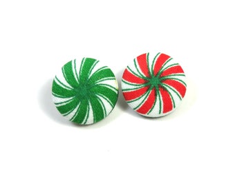 Candy cane earrings, Peppermint earrings, fabric button earrings, fabric studs, button earrings, green red earrings, holiday candy studs