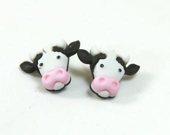 Cow earrings, Cow studs, Black and white earrings, Bull earrings