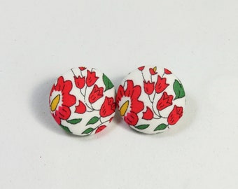 Flower fabric studs, fabric button earrings, red flower earrings, button jewelry