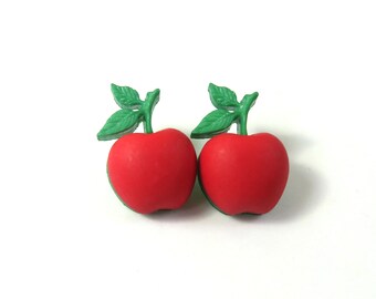 Pendientes de manzana, tachuelas de manzana, pendientes de frutas, tachuelas de frutas, pendientes de manzana roja, joyas de manzana