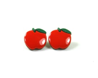Sementales de manzana, pendientes de manzana, pendientes de manzana roja, pendientes de frutas, tachuelas de frutas
