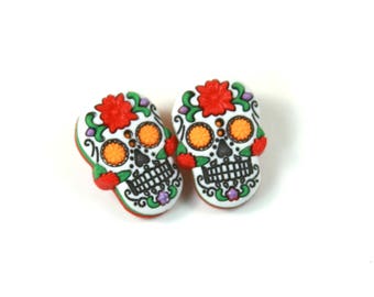Sugar skull earrings, Skull studs, Sugar skull studs, Colorful skull earrings, Skull lovers gift, Halloween earrings, Red skull earrings