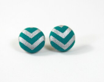 Chevron fabric earrings, Chevron studs, Teal silver chevron fabric studs, fabric earrings, Fabric jewelry
