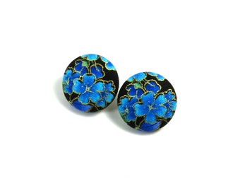 Flower fabric button earrings, fabric earrings, button earrings, flower earrings, Turquoise beautiful flower studs, fabric studs
