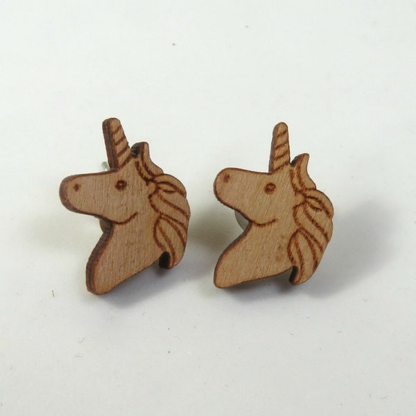 Unicorn studs, Unicorn earrings, Wood unicorn studs, Wood earrings, Laser cut earrings, Laser cut studs