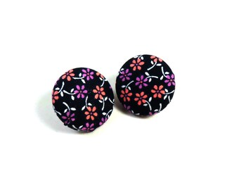 Pink flower studs, Pink flower earrings, fabric button earrings, Button jewelry, Fabric button studs, Beautiful flower studs