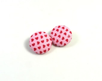 Red heart earrings, Red hearts studs, fabric studs, fabric button earrings, fabric jewelry, red heart jewelry