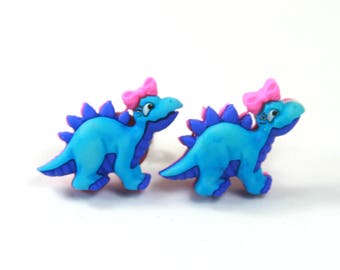 Blue Dinosaur earrings, Dinosaur studs, Pink blue earrings, Cute earrings, Dinosaur earrings