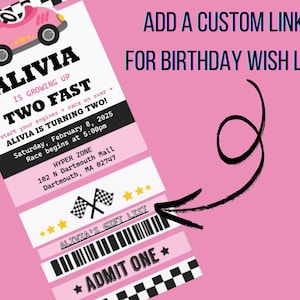 May include: Pink and black race car themed birthday party invitation with the text "ALIVIA IS TURNING TWO!" and details about the party, including the date, time, and location. The invitation also includes a space for a custom link to a birthday wish list.