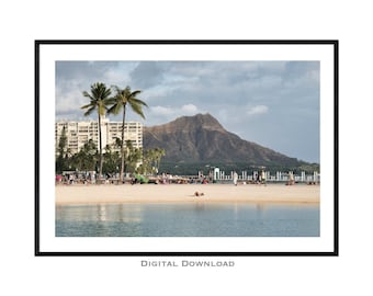 Large Diamond Head Hawaii Print, Digital Download, Tropical Beach Photo, Hawaiian Decor, Hawaii Wall Art, Waikiki Photo