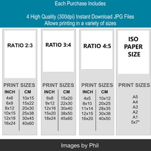 May include: A chart showing different print sizes in inches and centimeters for various aspect ratios, including 2:3, 3:4, and 4:5. The chart also includes standard ISO paper sizes, such as A5, A4, A3, A2, A1, and 5x7 inches.