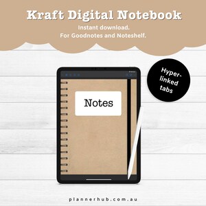 Może przedstawiać: Aplikacja cyfrowego notesu na ekranie tabletu z okładką z papieru kraft i czarną krawędzią. Aplikacja ma białą etykietę z napisem "Notes" i biały rysik obok tabletu. Tekst "Hyper-linked tabs" znajduje się w czarnym kółku.