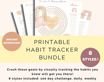 Habit Tracker Bundle, Printable, PDF, Boho Rainbow Design, Goal Setting, Planning