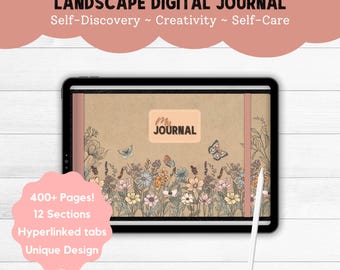 Landschafts Digitales Tagebuch, Vintage Botanisches Design, Undatiert, Prompts, iPad, Android, Noteshelf, Goodnotes, Notability, Hyperlinked Tabs