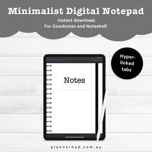 Może przedstawiać: Szablon cyfrowego notesu dla aplikacji Goodnotes i Noteshelf. Szablon ma minimalistyczny design z białym tłem i czarnym tekstem. Szablon zawiera stronę tytułową ze słowem "Notes" i spiralne oprawienie.
