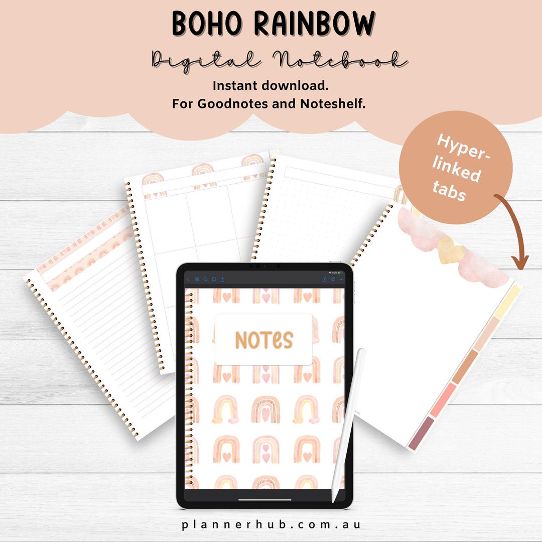 Digital Notebook, Boho Rainbow Design, Hyperlinked Tabs, Ipad, Android ...