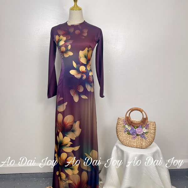 Lụa Pháp - Golden Flowers Design - Pre-made Vietnamese Long Dress