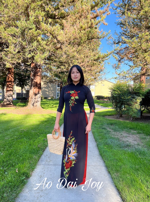 Black Chiffon AO Dai with Embroidery Flowers & Swan - Pre-Made Vietnamese Long Dress