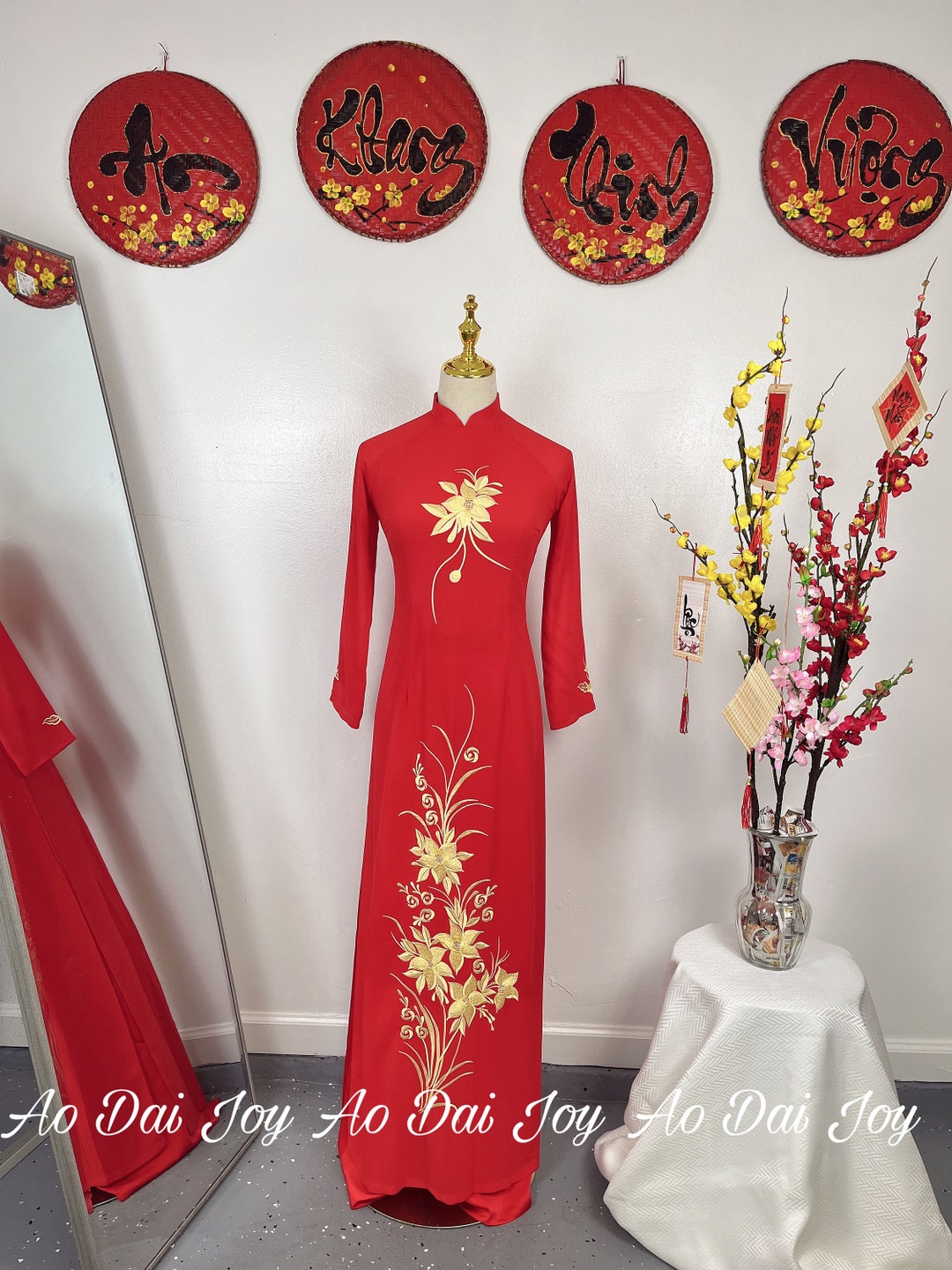 Embroidery Shinny Golden Orchid Flowers Red Ao Dai Pre Made Vietnamese Long Dress Etsy