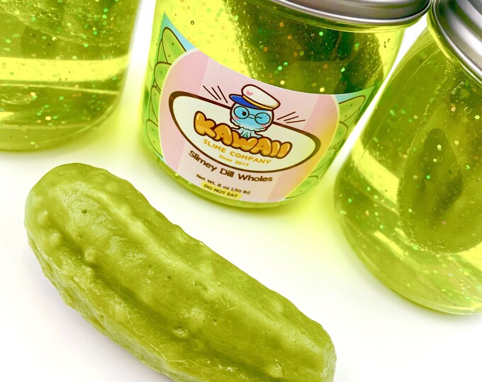 Shimmery Green Crunchy Dill Pickle Slime Salty Sour Savory Scented Realistic Faux Clear Slime