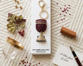 Hand Beaded Wine Glass Bag Charm | Key Chain, Burgundy Gold Seed Beads