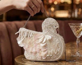 Hand-Beaded Swan Clutch Bag – 3D Feather Evening Purse, Bridal Statement Bag