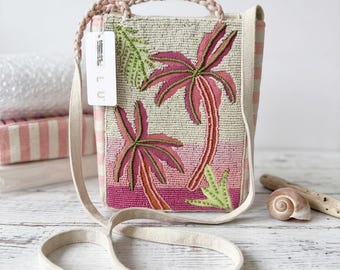 Hand Beaded Palm Tree Canvas Bag | Pink Stripe Tropical Crossbody Purse