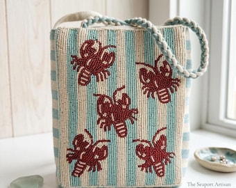Hand-Beaded Lobster Crossbody Bag | Blue Cream Herringbone Canvas Tote