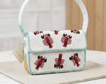 Hand Beaded Lobster Motif Shoulder Bag – Nautical Seed Bead Summer Purse